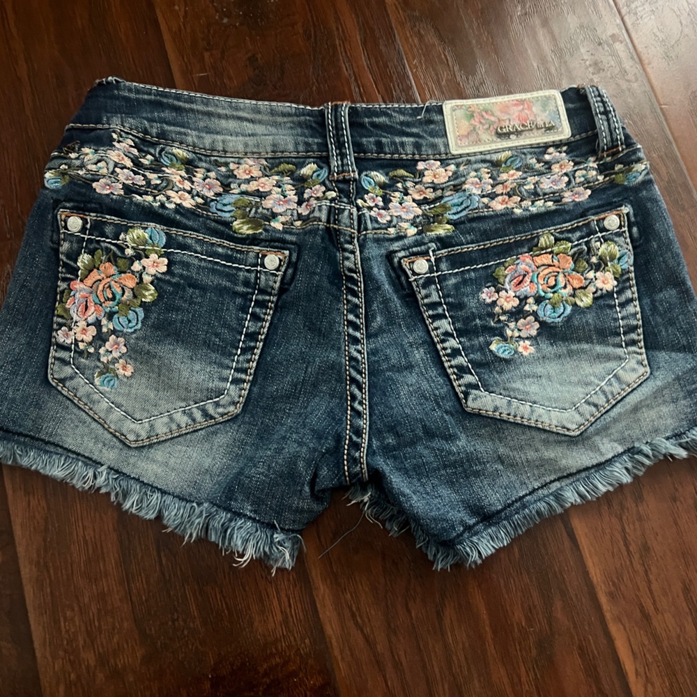 Grace in LA Blue Jean Shorts with Floral Embroidery